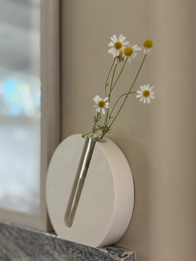 Minimalist vase styled with delicate chamomile flowers against a soft neutral background.